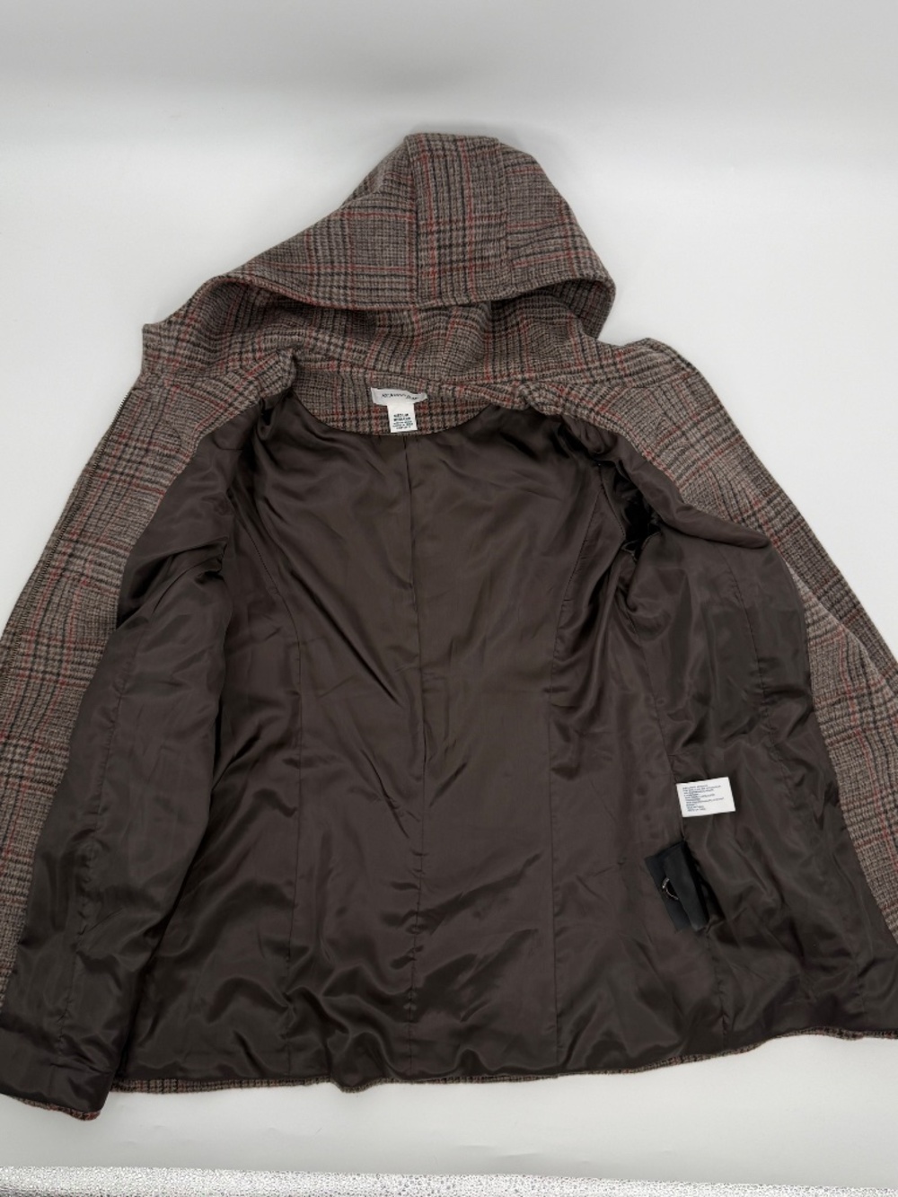 Wool Cashmere Blend Hooded Plaid Duffle Coat Brown Preppy Plaid Heritage Women M - Picture 3 of 9